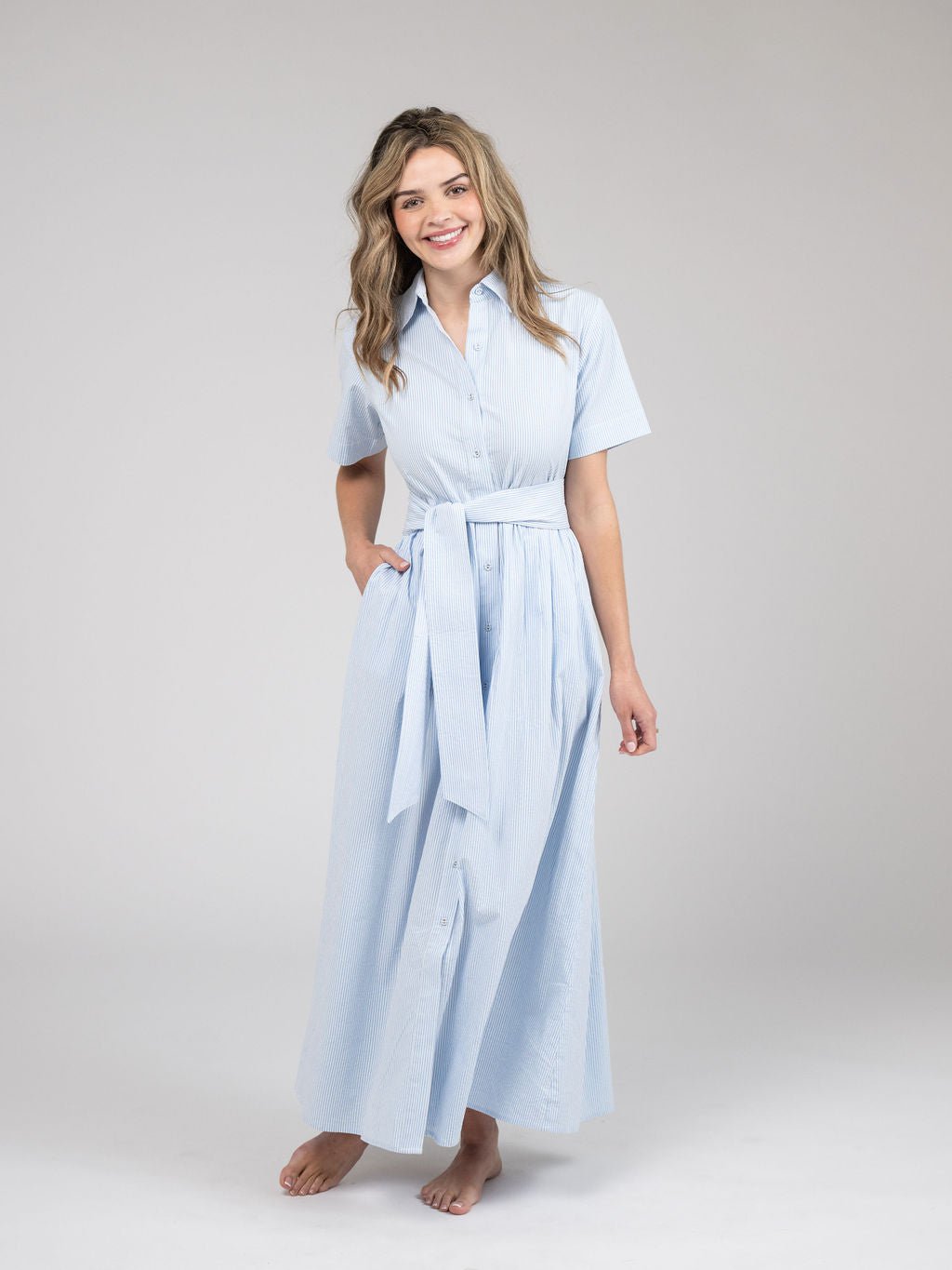 Elle Maxi Dress in Blue & White Stripe Seersucker by Beau & Ro Catherine Campbell Elle Maxi Dress in Blue & White Stripe Seersucker by Beau & Ro Catherine Campbell