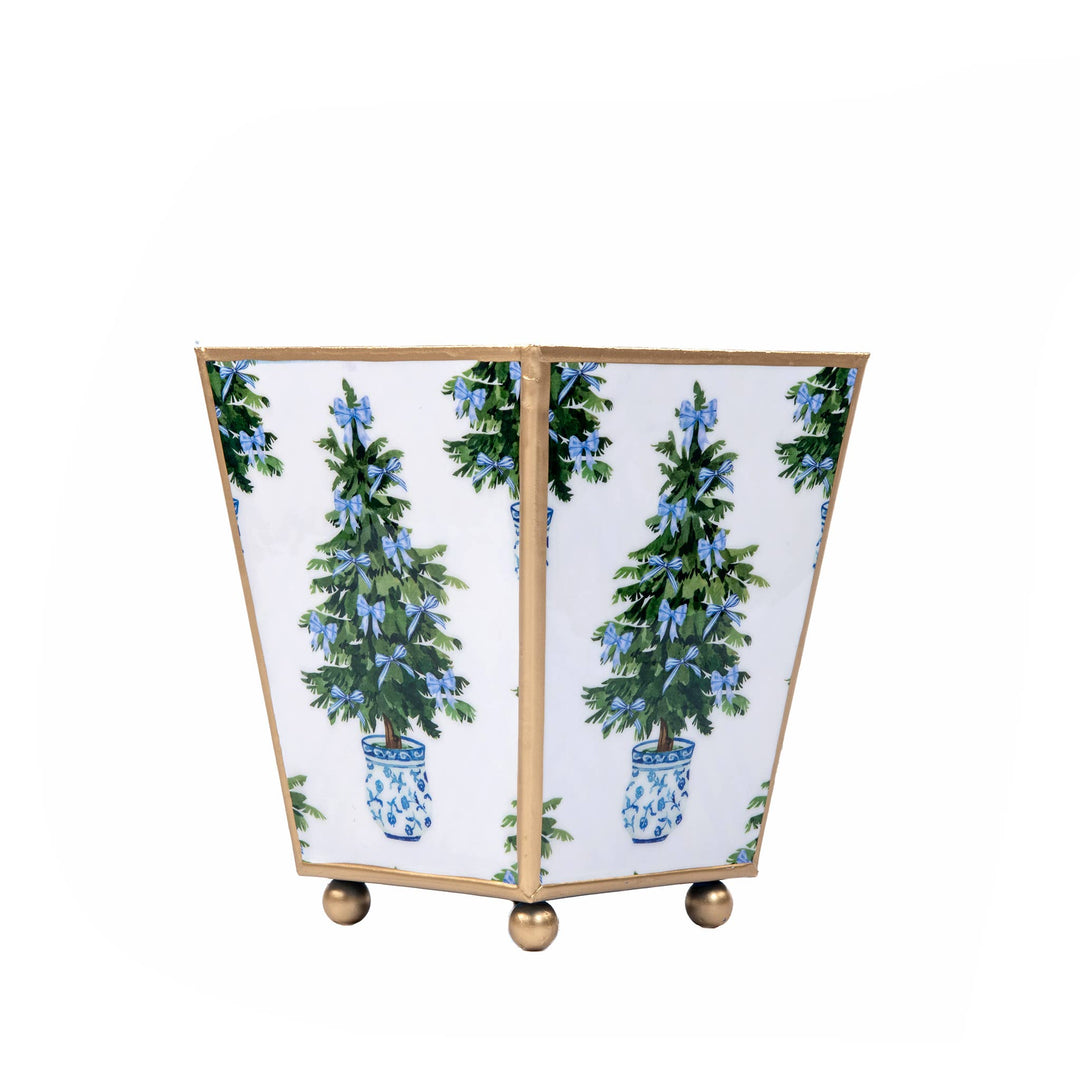 Blue Bow Christmas Enameled Square Cachepot Planter: Blue / 6 inch