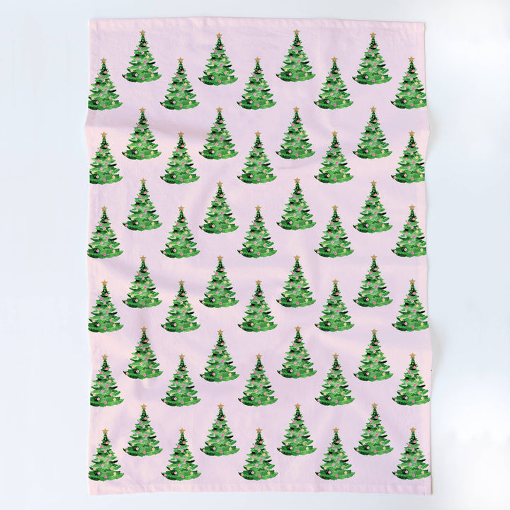 Pink Christmas Tea Towel | Christmas Trees on Pink Tea Towel