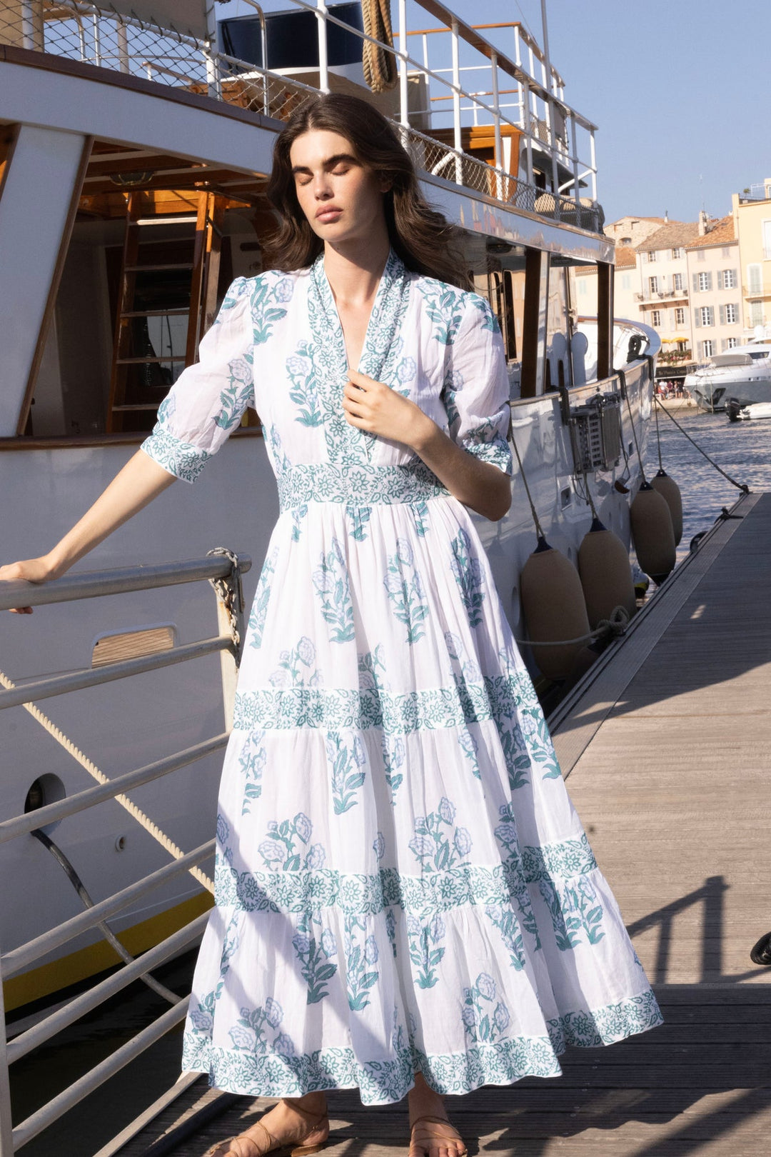 V-neck Cuffed Maxi in Salvia Green by Oliphant Catherine Campbell V-neck Cuffed Maxi in Salvia Green by Oliphant Catherine Campbell