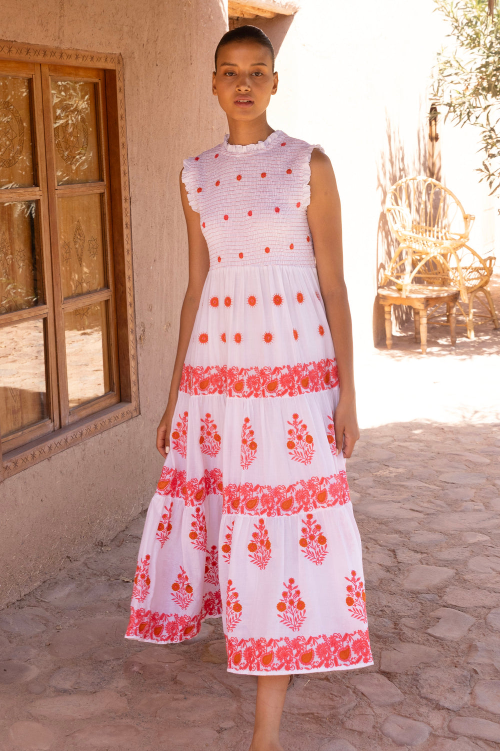 Sleeveless Smocked Maxi Dress in Calistoga Coral by Oliphant