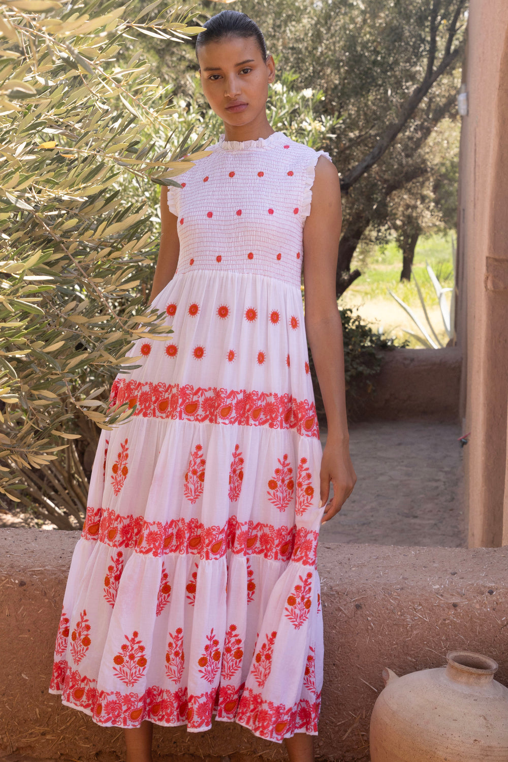 Sleeveless Smocked Maxi Dress in Calistoga Coral by Oliphant