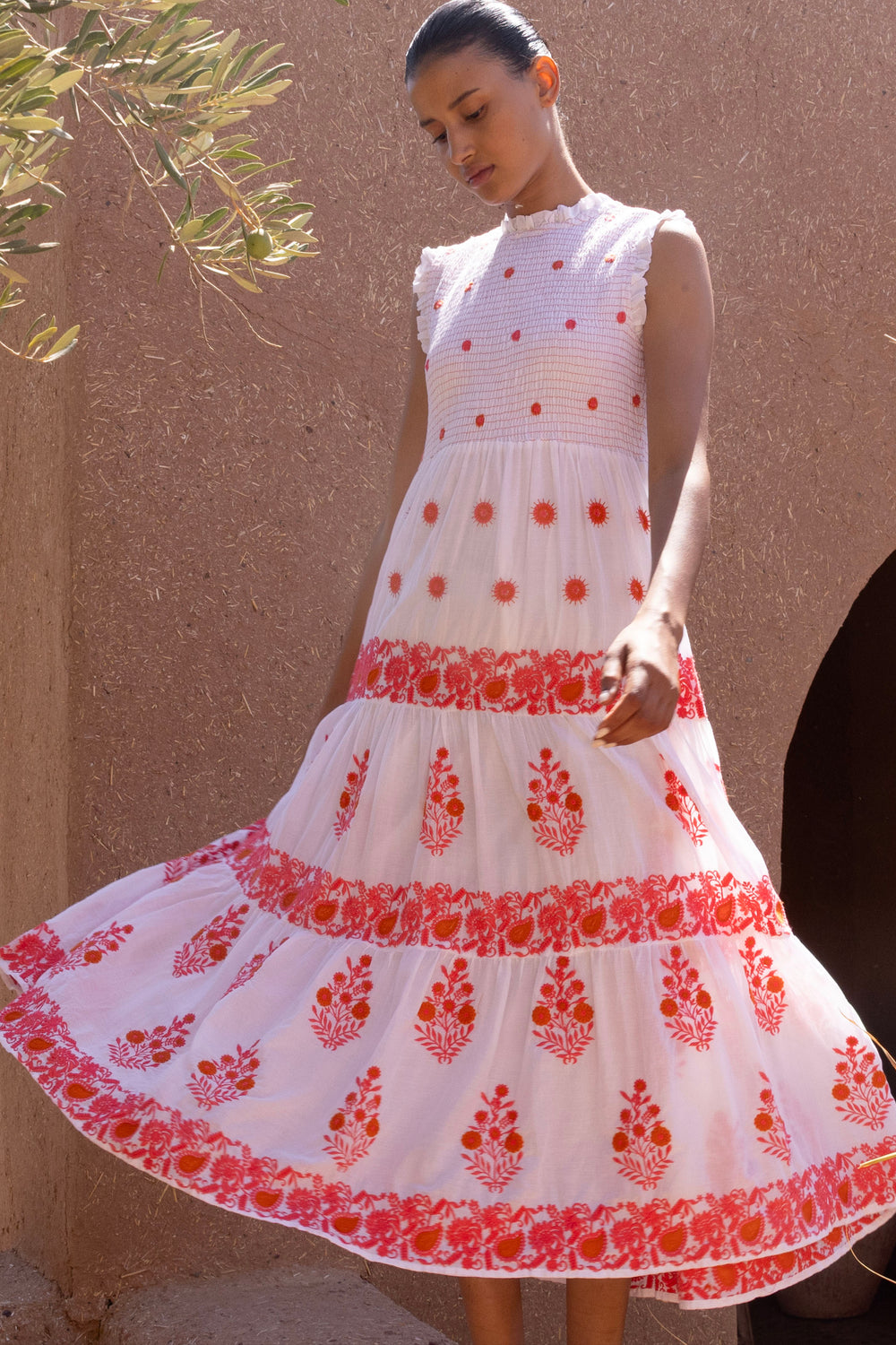 Sleeveless Smocked Maxi Dress in Calistoga Coral by Oliphant