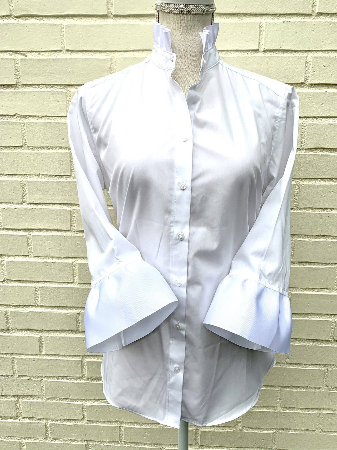 Pearly Vine Barbara Ann Poplin Ribbon Trim 3/4 Sleeve White Blouse