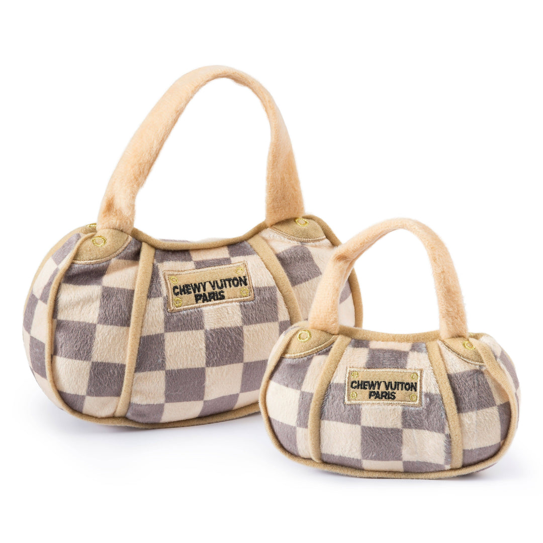 Checker Chewy Vuiton Handbag Squeaker Dog Toy: Large