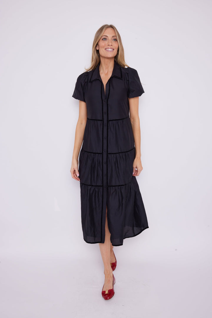 Sail to Sable Black Puff Sleeve Midi Shirt Dress