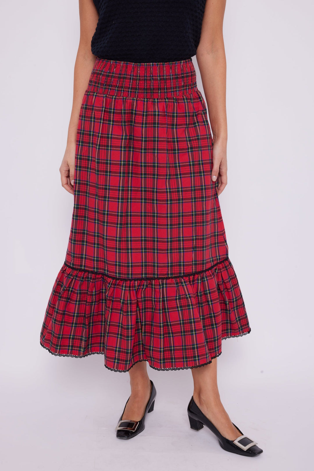 Sail to Sable Red Tartan Smocked Waist Skirt