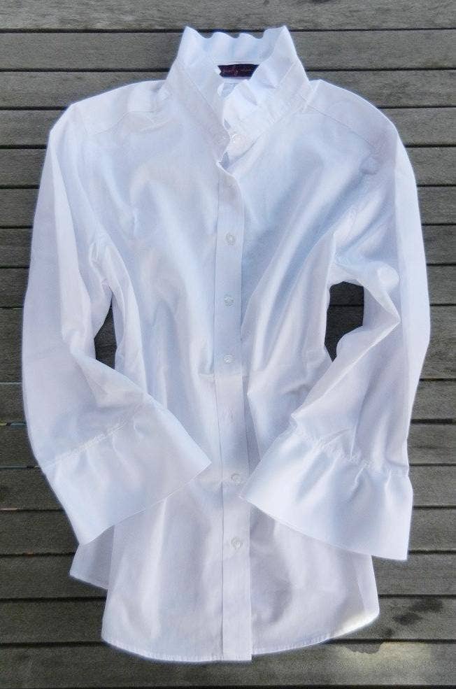 Pearly Vine Barbara Ann Poplin Ribbon Trim 3/4 Sleeve White Blouse