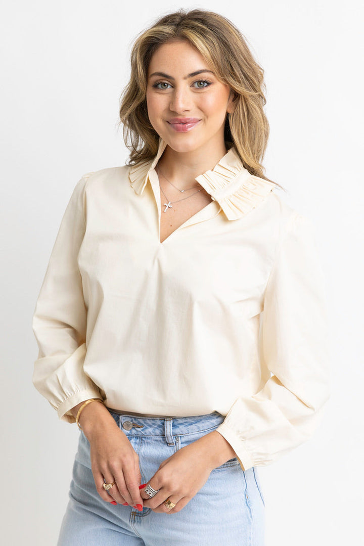 Karlie Solid Poplin Ruffle Neck top in Ivory