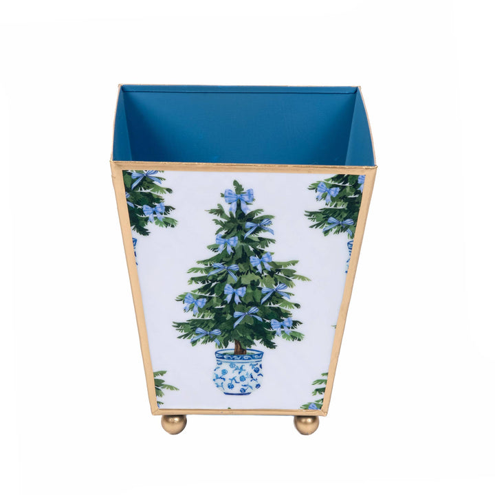 Blue Bow Christmas Enameled Square Cachepot Planter: Blue / 6 inch