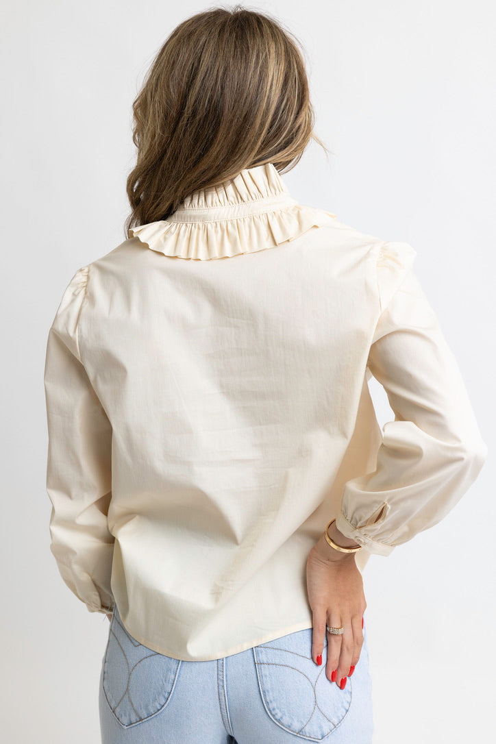 Karlie Solid Poplin Ruffle Neck top in Ivory