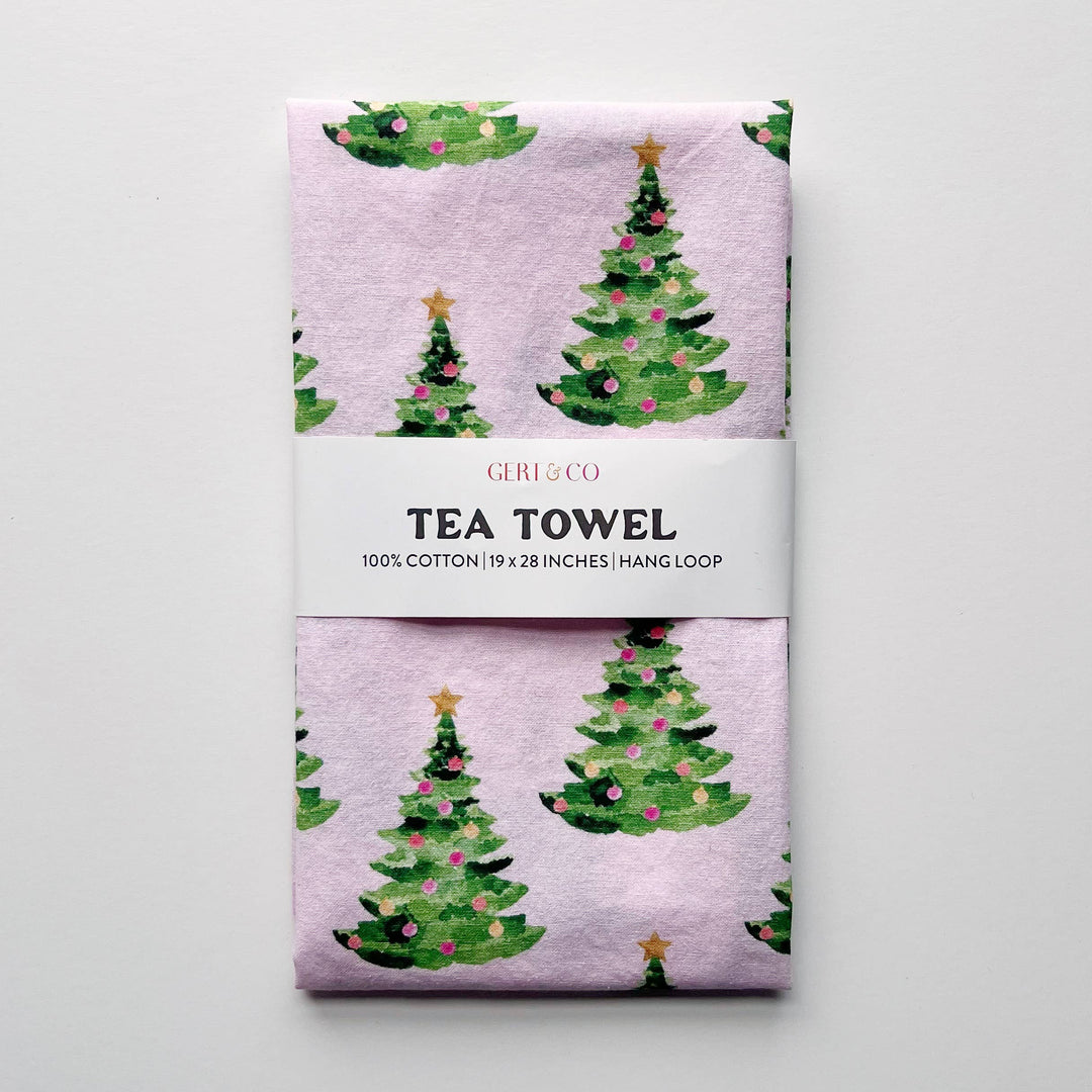 Pink Christmas Tea Towel | Christmas Trees on Pink Tea Towel