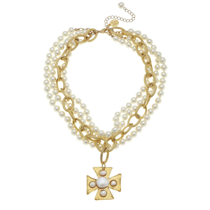 Susan Shaw Multi Strand Cross Pearl Necklace