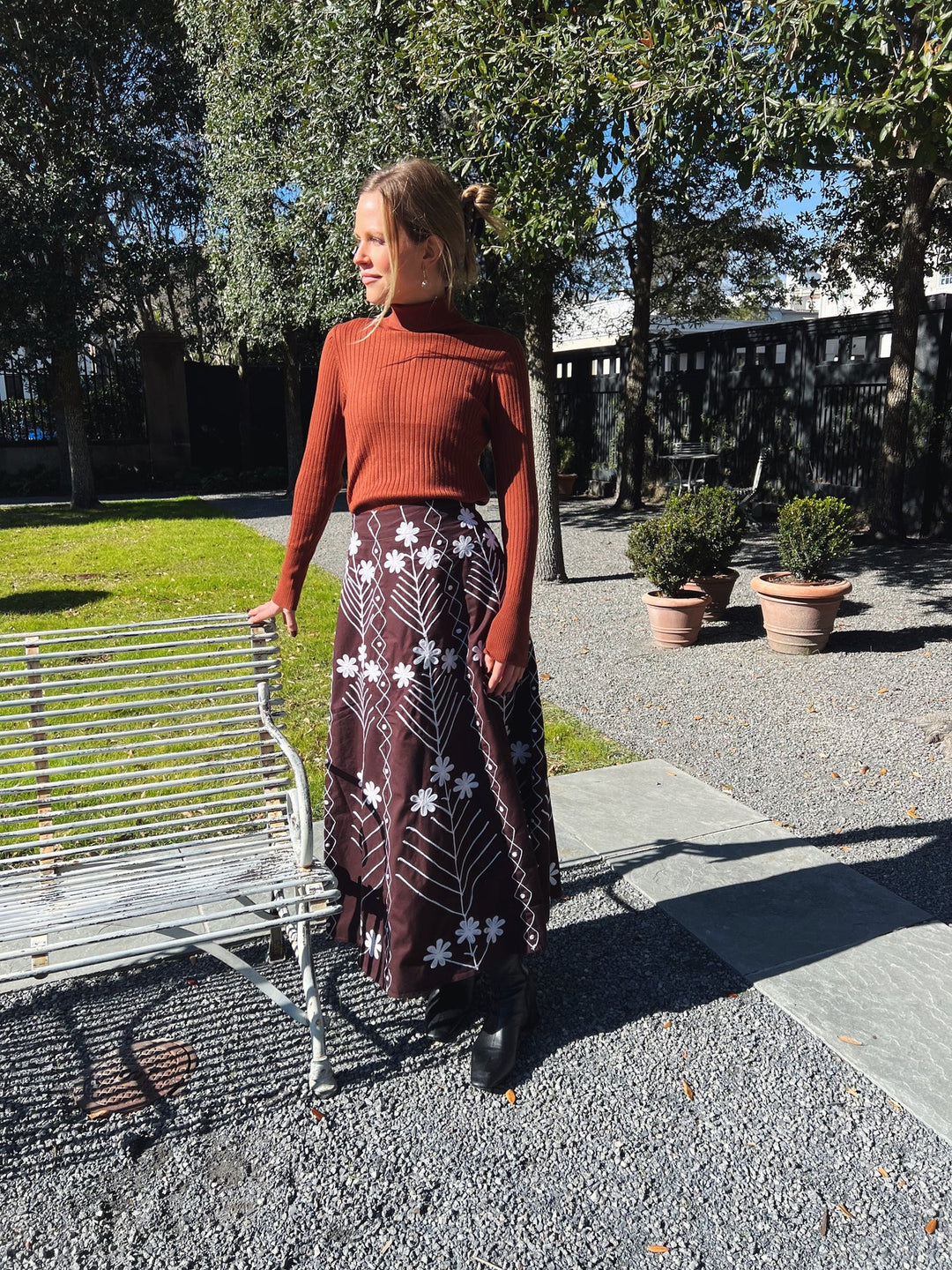 Madison Matthews Hanley Midi Skirt Brown With White Embroidery