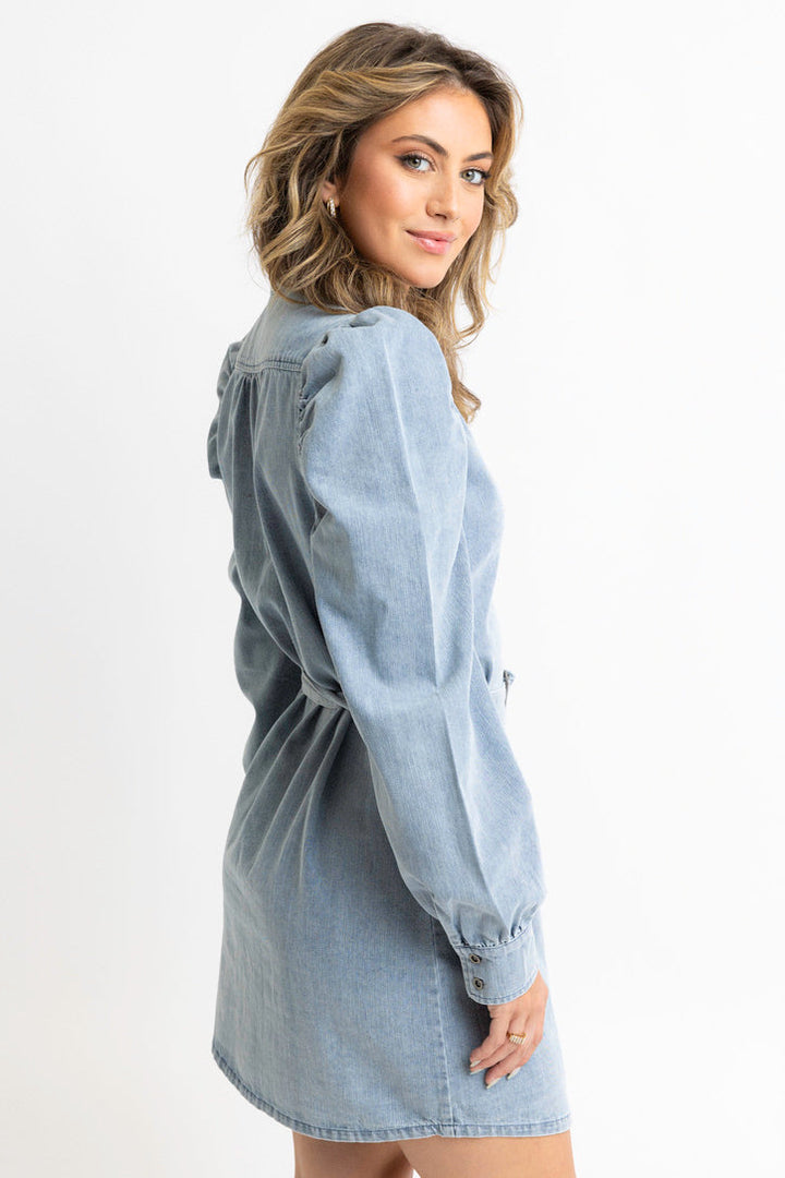 Karlie Denim Puff Sleeve Belted Dress