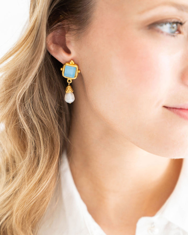 Susan Shaw Gold/Turquoise Glass + Pearl Earrings