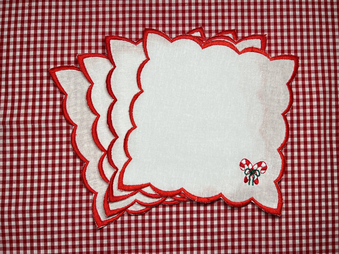 Candy Cane Scalloped Cocktail Napkins - Set of 4