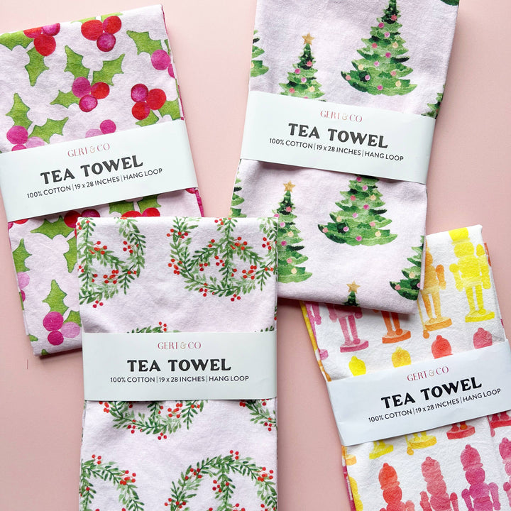 Pink Christmas Tea Towel | Christmas Trees on Pink Tea Towel