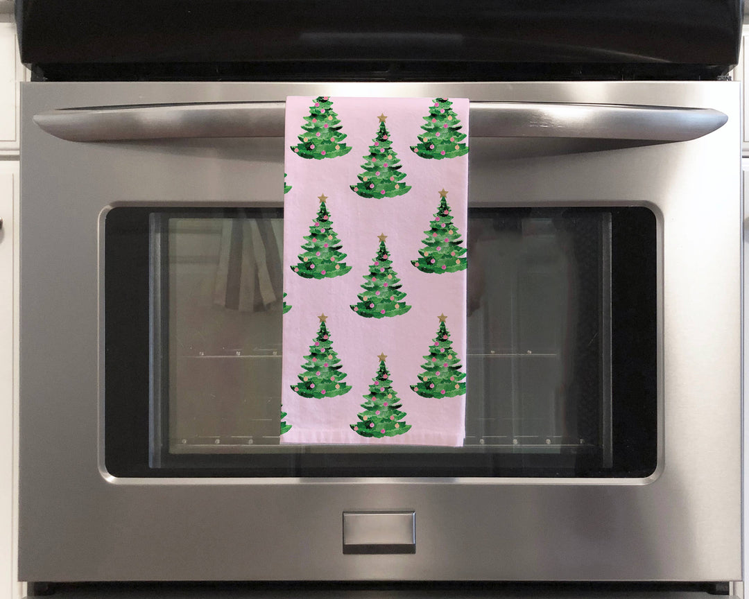 Pink Christmas Tea Towel | Christmas Trees on Pink Tea Towel