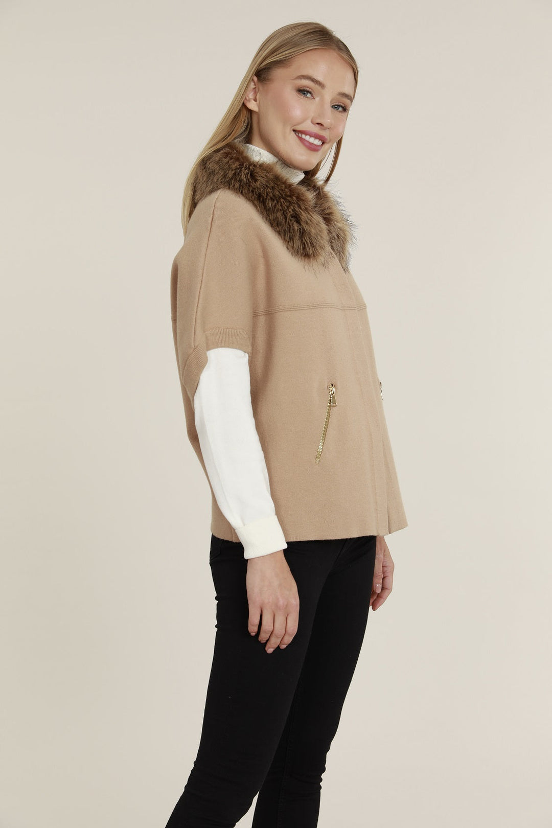 Dolce Cabo Faux Fur Cardigan in Camel