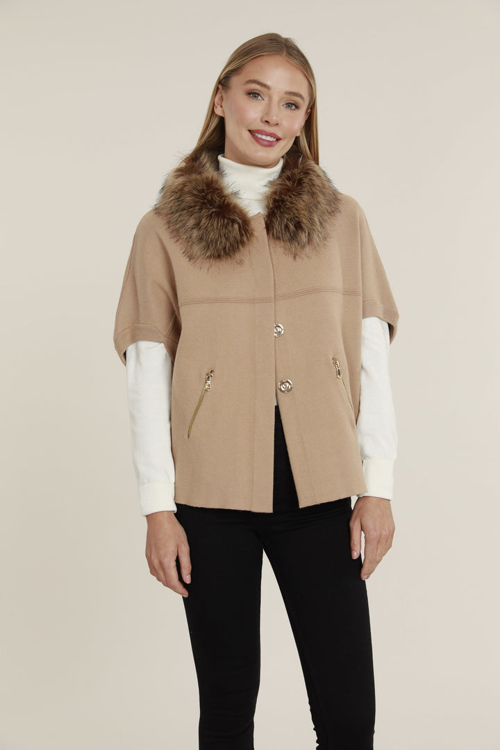 Dolce Cabo Faux Fur Cardigan in Camel