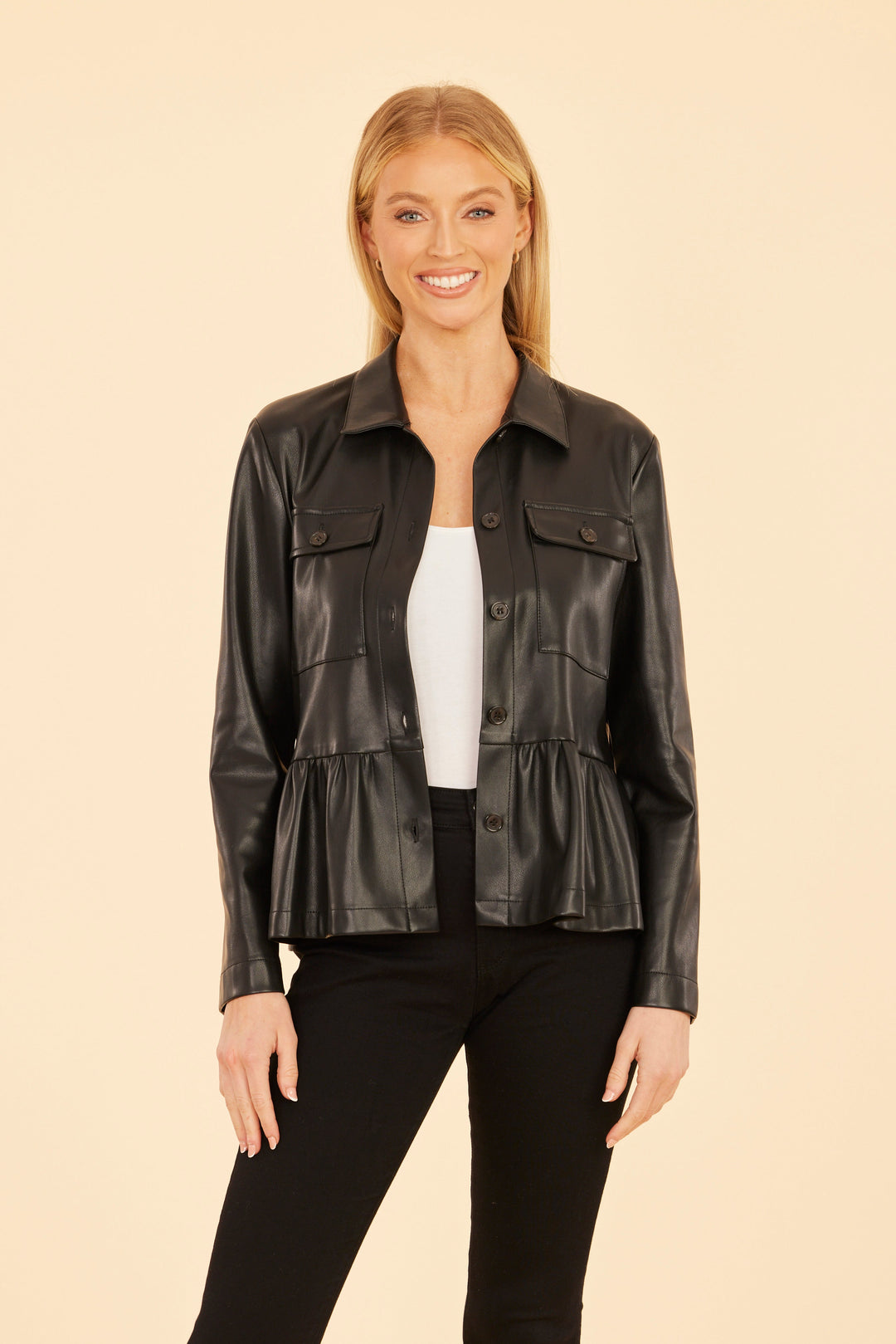 Dolce Cabo Faux Leather Peplum Shirt Jacket