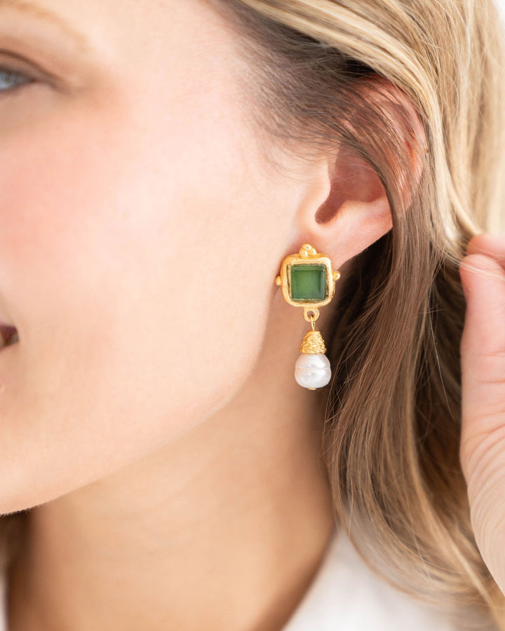 Susan Shaw Gold/Green Glass + Pearl Earrings