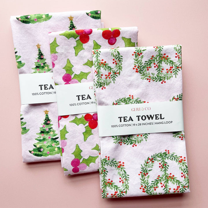 Pink Christmas Tea Towel | Christmas Trees on Pink Tea Towel