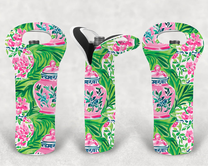 Pink and Green Neoprene Wine Tote - Garden Party Resort by Peachy Pendants