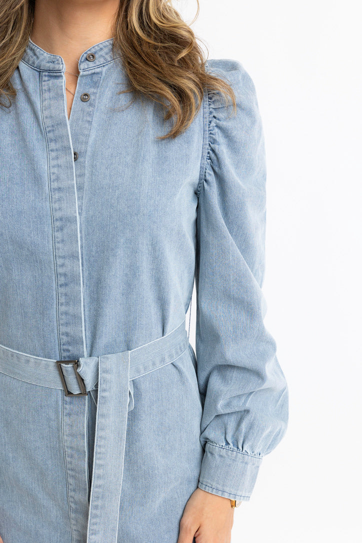 Karlie Denim Puff Sleeve Belted Dress