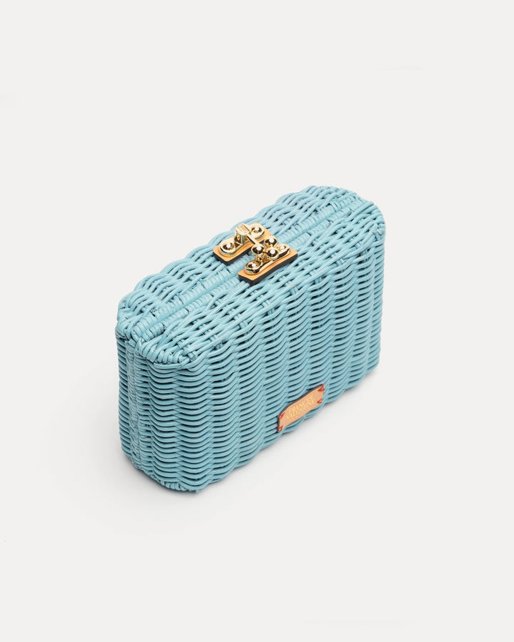 Paige Wicker Box Clutch Purse in Light Blue by Frances Valentine