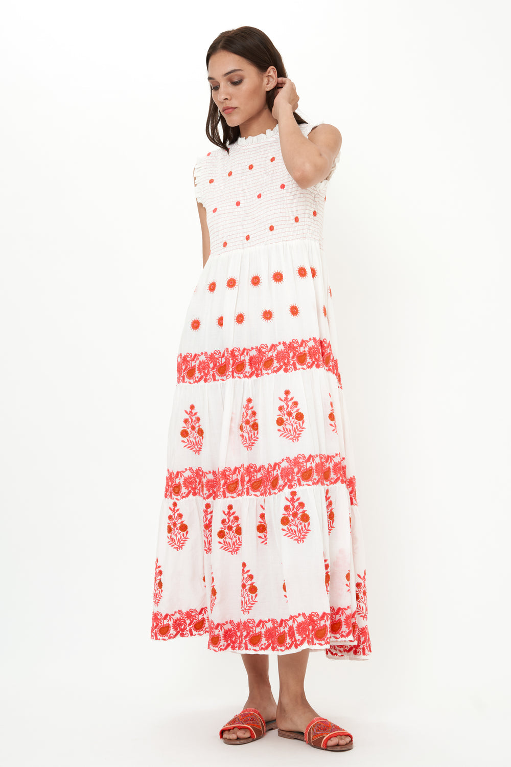 Sleeveless Smocked Maxi Dress in Calistoga Coral by Oliphant