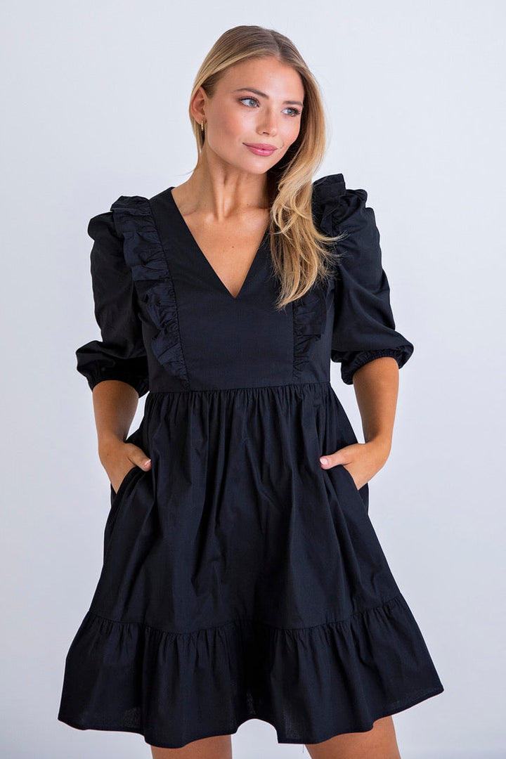 Karlie Solid Poplin Ruffle Tier Dress in Black