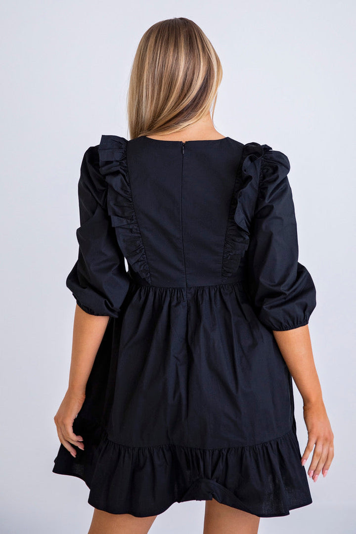 Karlie Solid Poplin Ruffle Tier Dress in Black