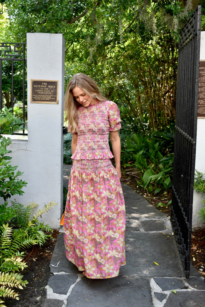 Madison Matthews Serena Mykonos Maxi Skirt Pink Garden Floral