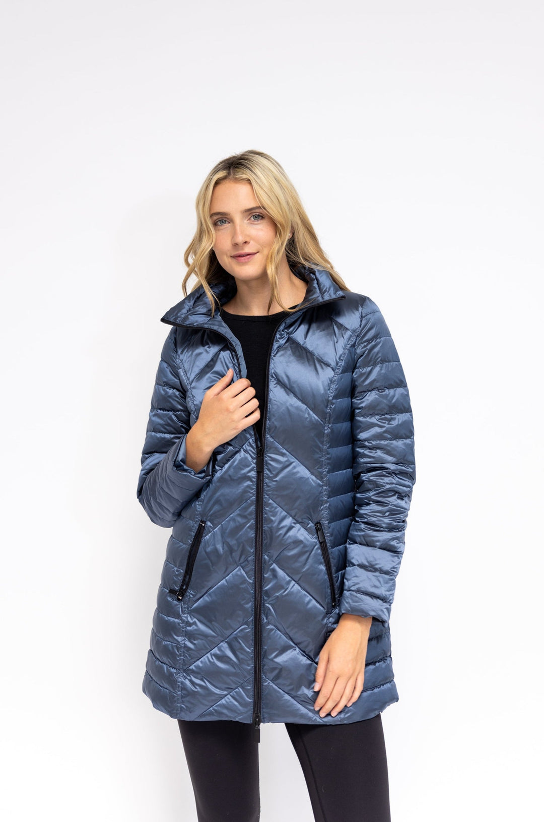 Anorak Chevron Quilted Coat in Cadet Blue