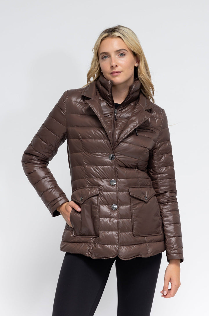 Anorak Double Up Quilted Blazer Puffer Jacket in Chocolate Brown