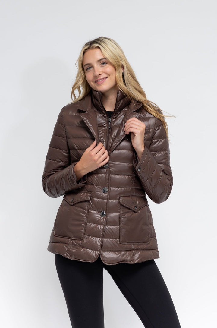 Anorak Double Up Quilted Blazer Puffer Jacket in Chocolate Brown