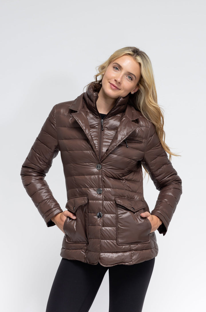 Anorak Double Up Quilted Blazer Puffer Jacket in Chocolate Brown