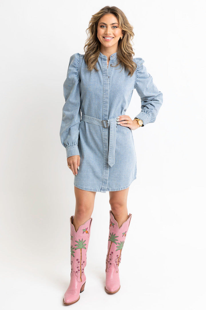 Karlie Denim Puff Sleeve Belted Dress