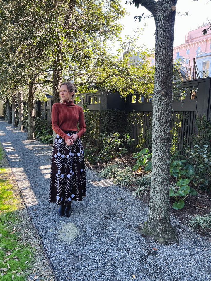 Madison Matthews Hanley Midi Skirt Brown With White Embroidery