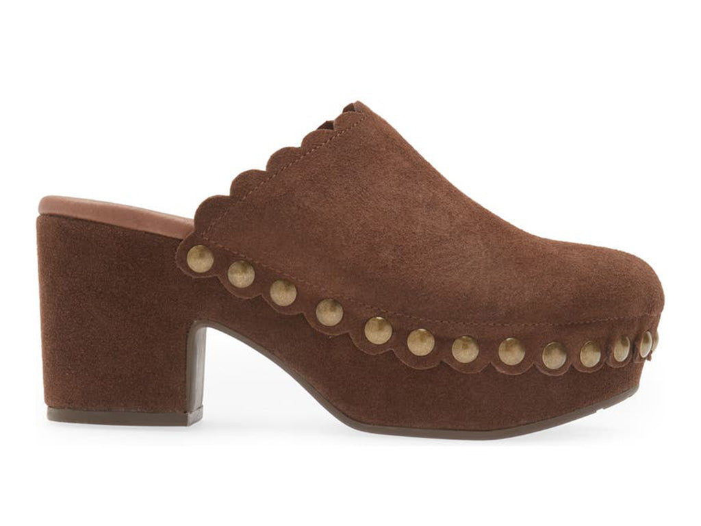 Chocolate Blu Gemini Scalloped Clog in Chocolate Suede