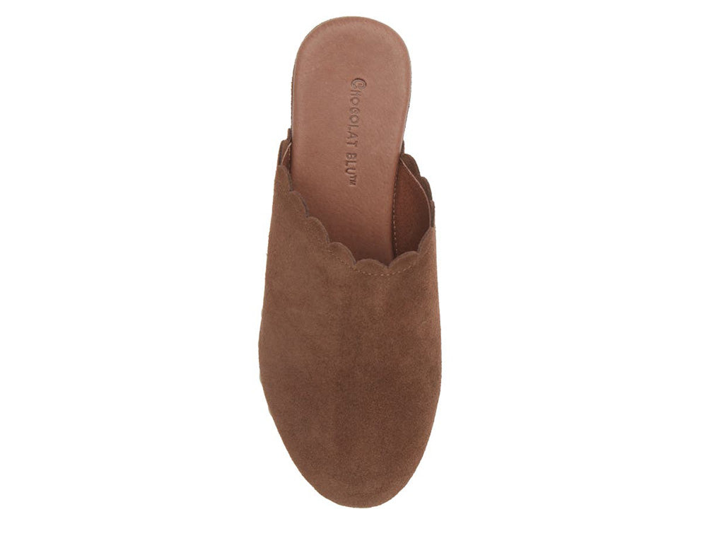 Chocolate Blu Gemini Scalloped Clog in Chocolate Suede