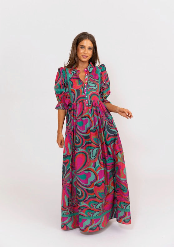 Karlie Multi Swirl Maxi Ruffle Dress