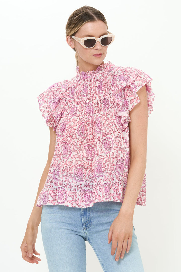 Pintuck Ruffle Top in Malta Pink by Oliphant