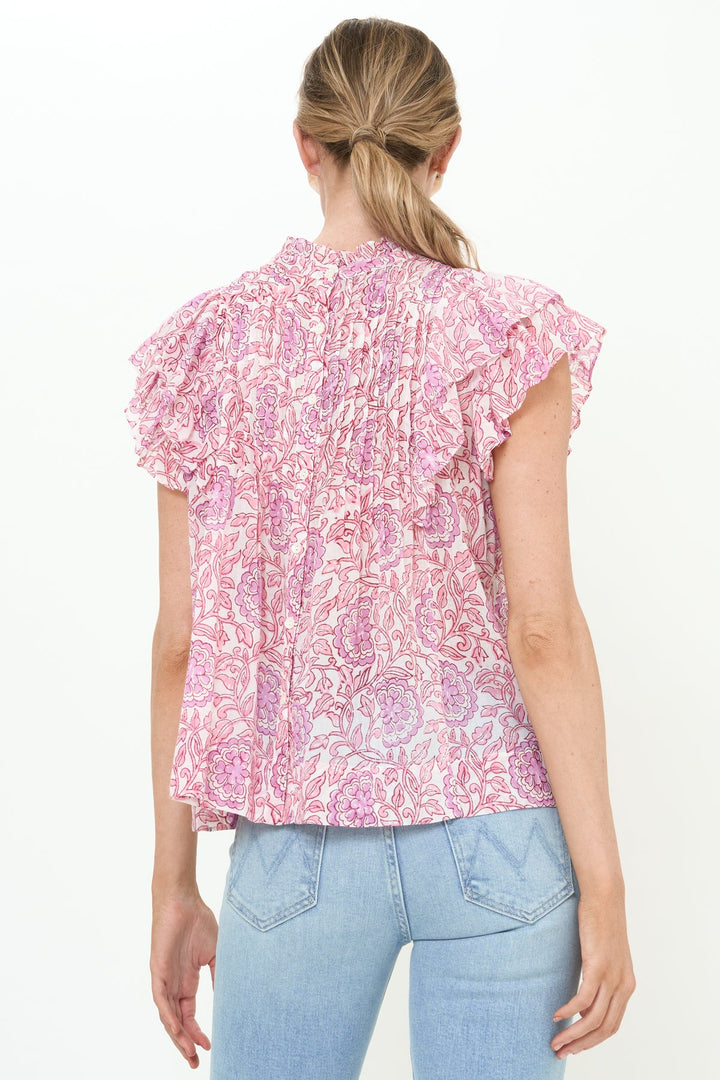 Pintuck Ruffle Top in Malta Pink by Oliphant