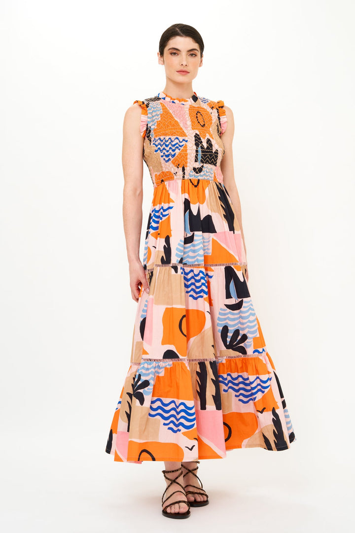 Sleveless Smocked Maxi in Riveria Orange by Oliphant