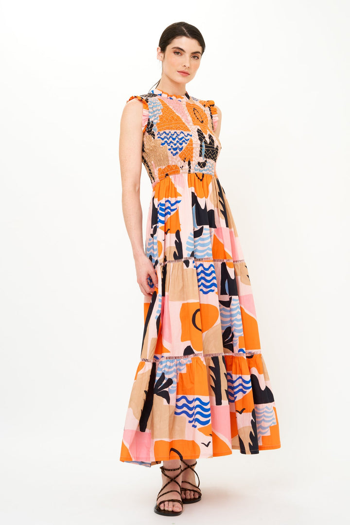 Sleveless Smocked Maxi in Riveria Orange by Oliphant