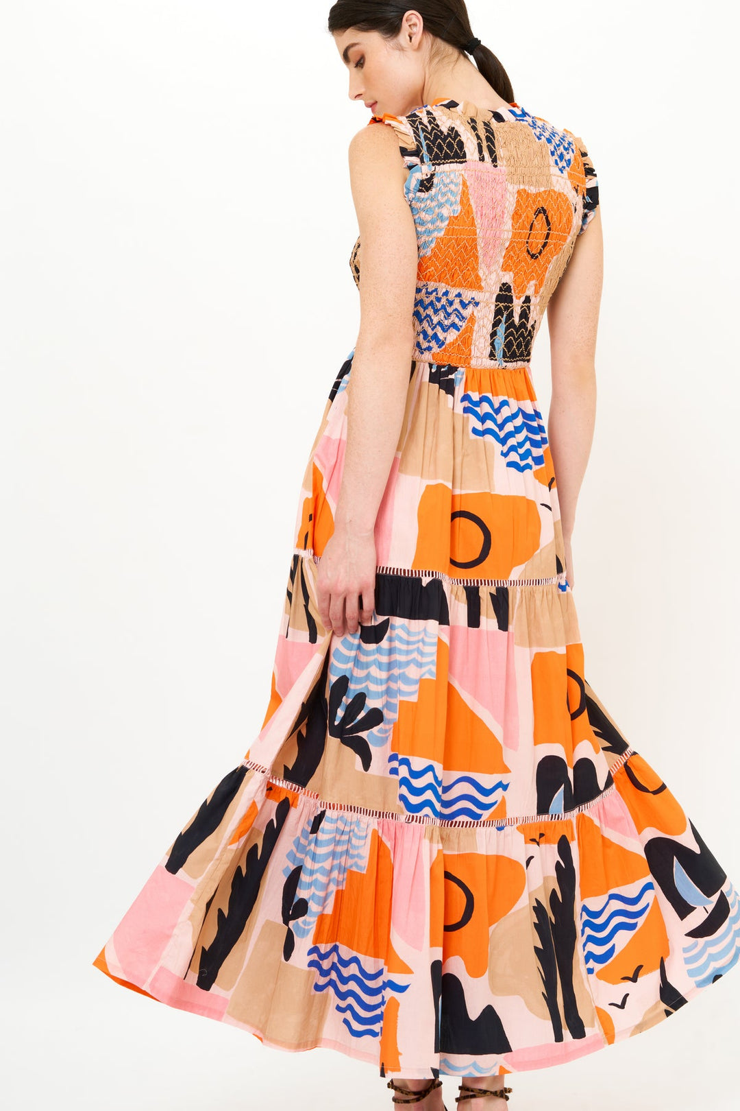Sleveless Smocked Maxi in Riveria Orange by Oliphant