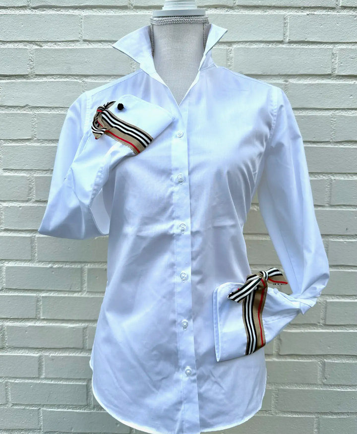 Pearly Vine Audrey Button Down Shirt with Khaki Stripe Ribbon